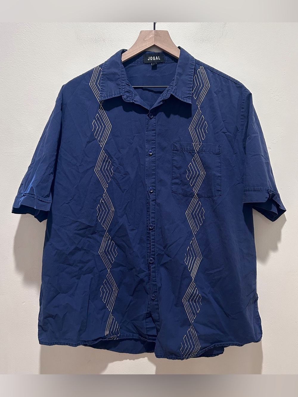 Jogal Short Sleeve Cuban Guayabera Navy Blue w/ Gold Accents Beach Shirt - Large